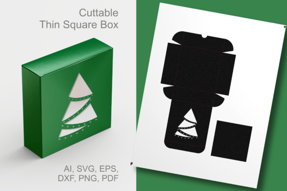 X-mas Tree Thin Square Gift Box Template 3D SVG Christmas